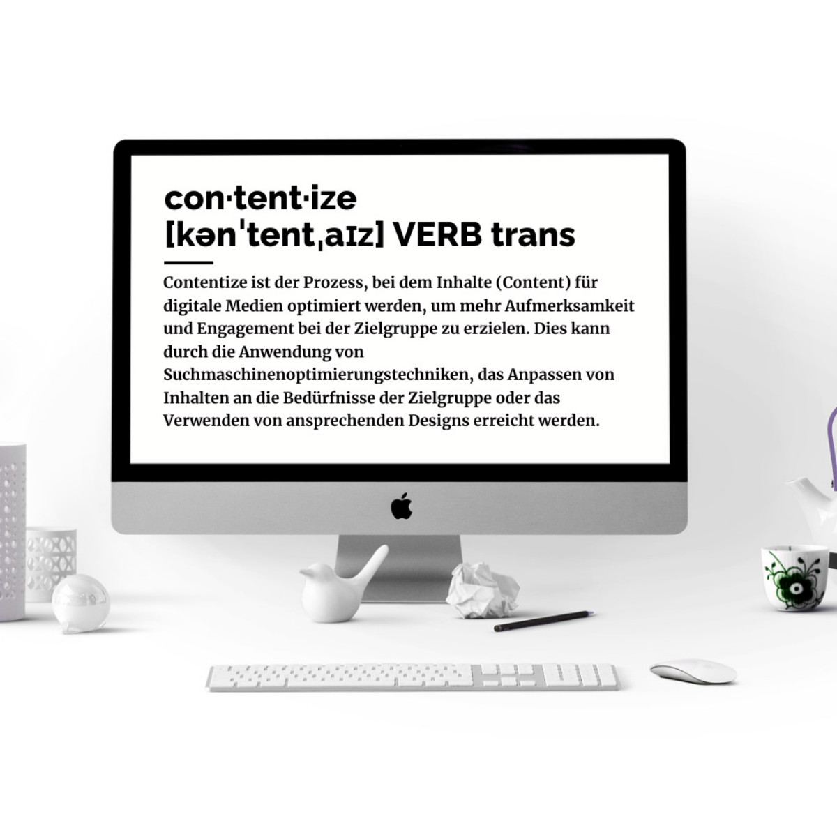 con·tent·ize [kənˈtentˌaɪz] VERB trans Definition: Contentize ist der Prozess, bei dem Inhalte (Content) für digitale Medien optimiert werden